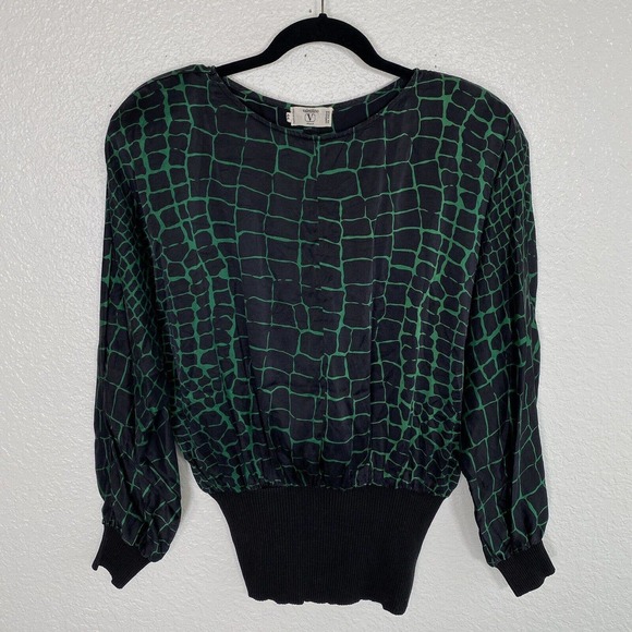Valentino Black and Green Croc Print Blouse - Picture 1 of 8